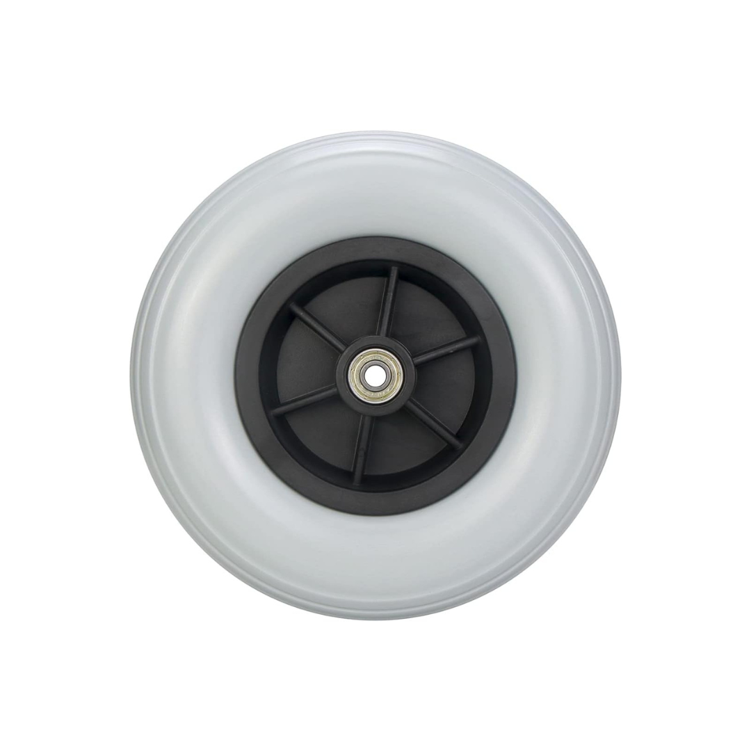 A close-up, top-down view of a single translucent white wheel with a black plastic hub and metal bearing, from the Nova Parts for 4900 Traveller Rollator, isolated on a white background.